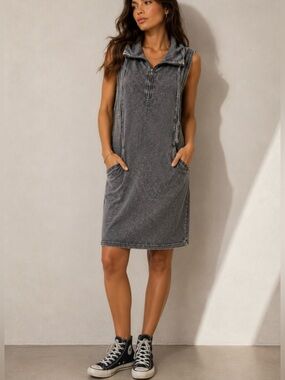 Beau Jours Gray Mineral Wash Sleeveless Hoodie Dress Size‎ S Zip Neck Ribbed Y2K